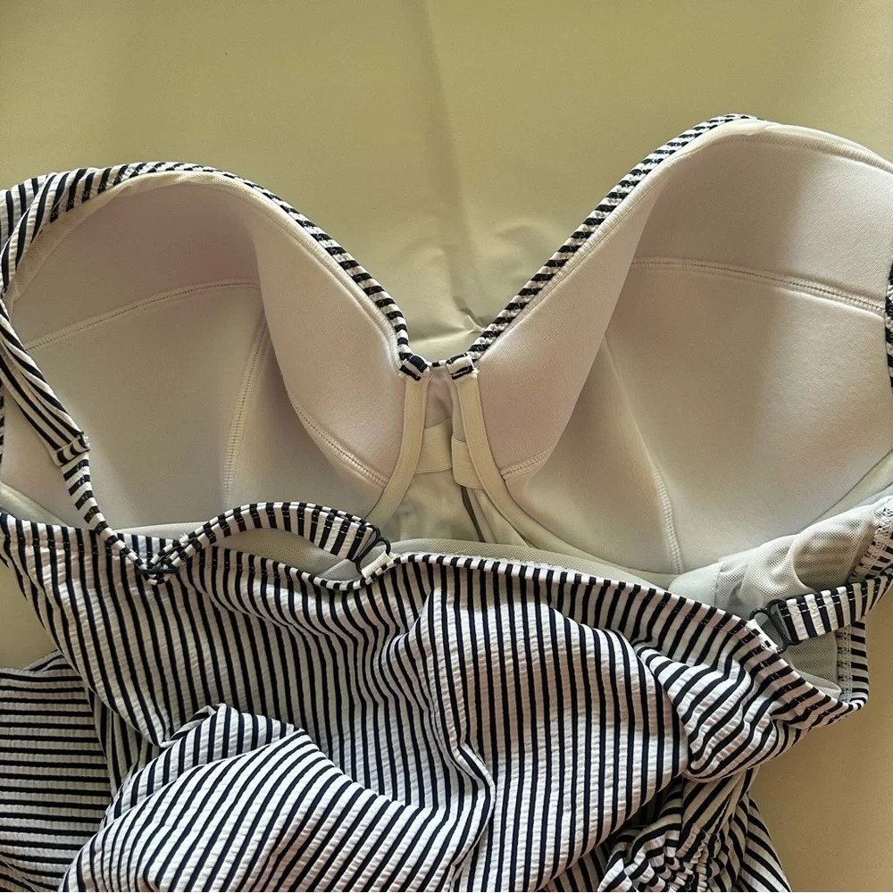 Cacique Swim Suit 42DDD Top sz 24 Bottom Navy White Seersucker Tankini Plunge - Picture 15 of 15